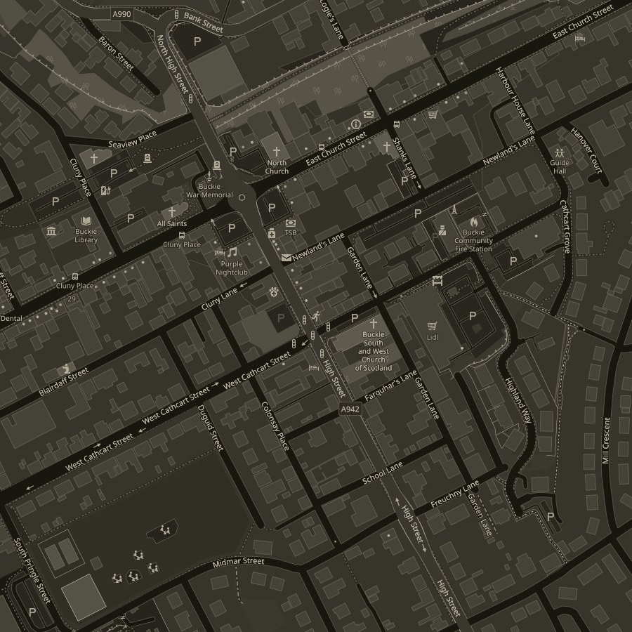 Map of central Buckie with Motion Fitness marked on High Street, by West Cathcart Street